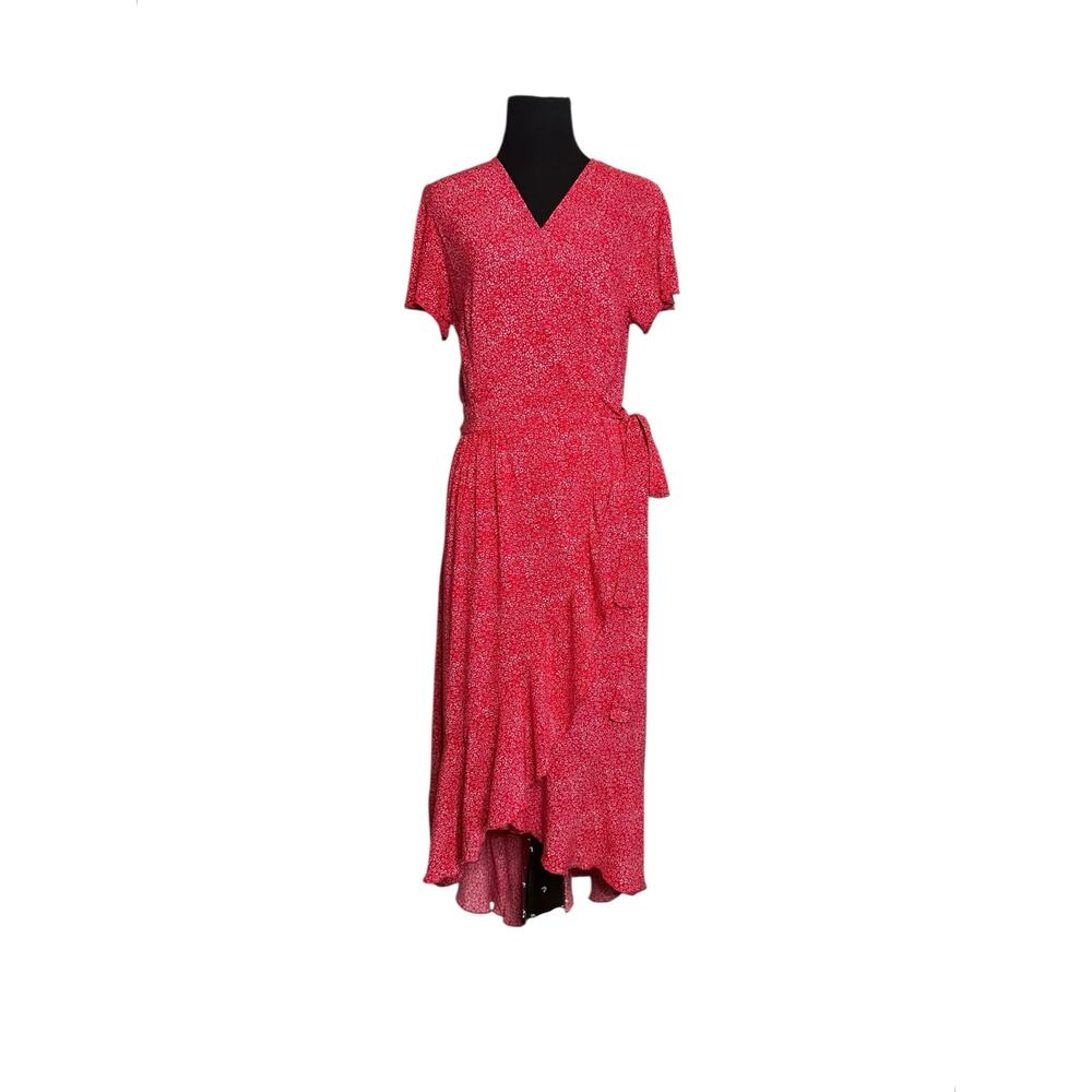 Zesica red white print short sleeves wrap midi dress size Small - Picture 9 of 16